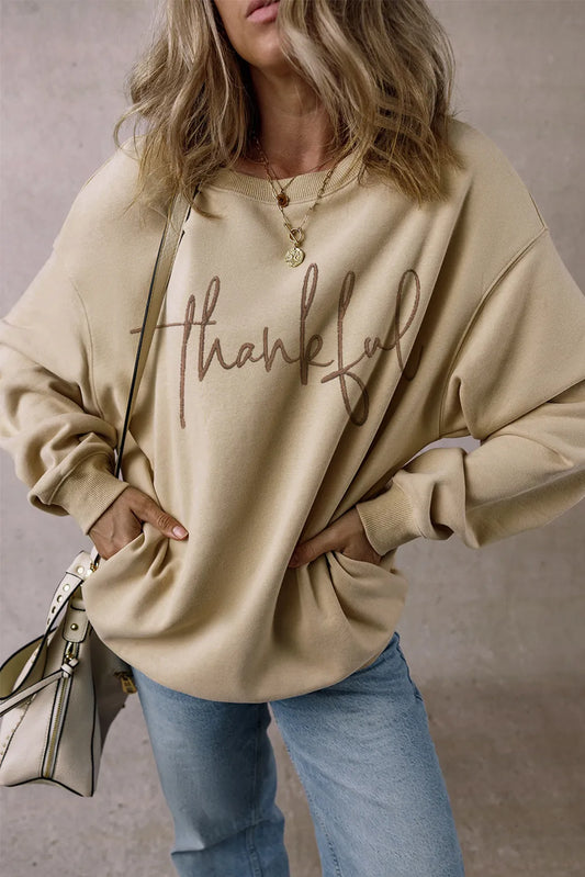 THANKFUL Round Neck Long Sleeve Women Sweatshirt