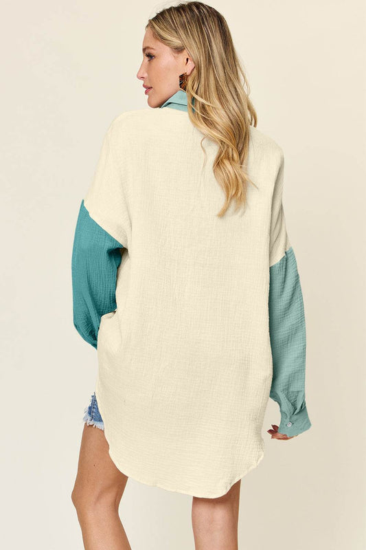 Double Take Full Size Pocketed Texture Button Up Cotton Shirt - Zara-Craft