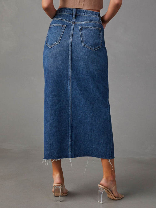 Slit Raw Hem Midi Denim Women Skirt - Zara-Craft