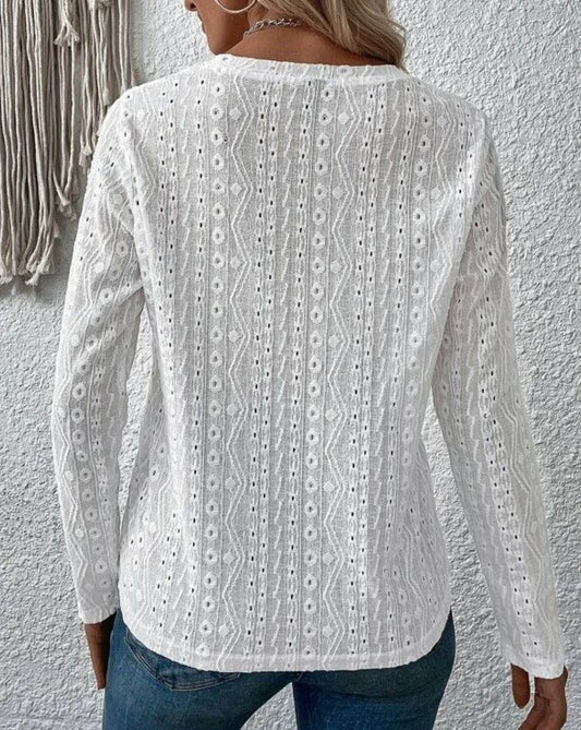 Eyelet Round Neck Long Sleeve Women Blouse - Zara-Craft