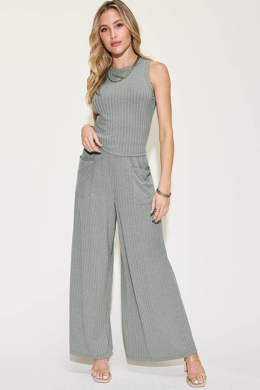 Basic Bae Full Size Ribbed Women Tank and Wide Leg Pants Set - Zara-Craft