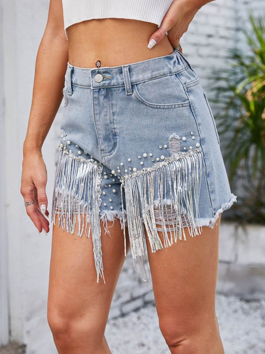 Distressed Pearl Trim Denim Women Shorts with Pockets - Zara-Craft