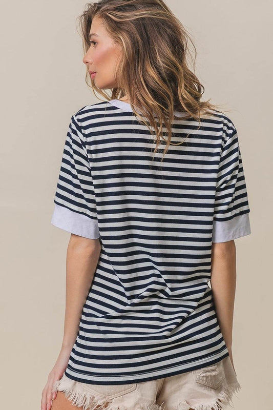 BiBi Contrast Striped Notched Knit Women Top - Zara-Craft