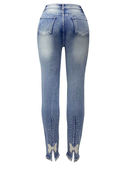 Rhinestone Skinny Women Jeans with Pockets - Zara-Craft