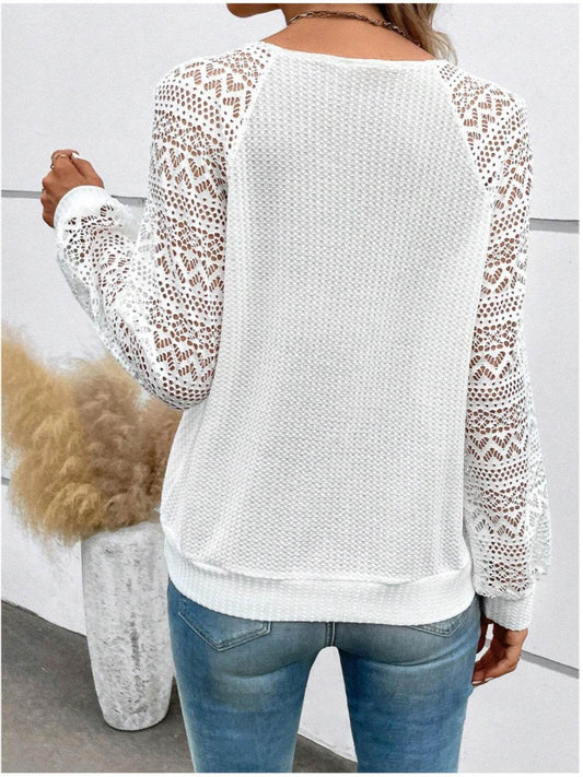 Lace V-Neck Raglan Sleeve Top - Zara-Craft