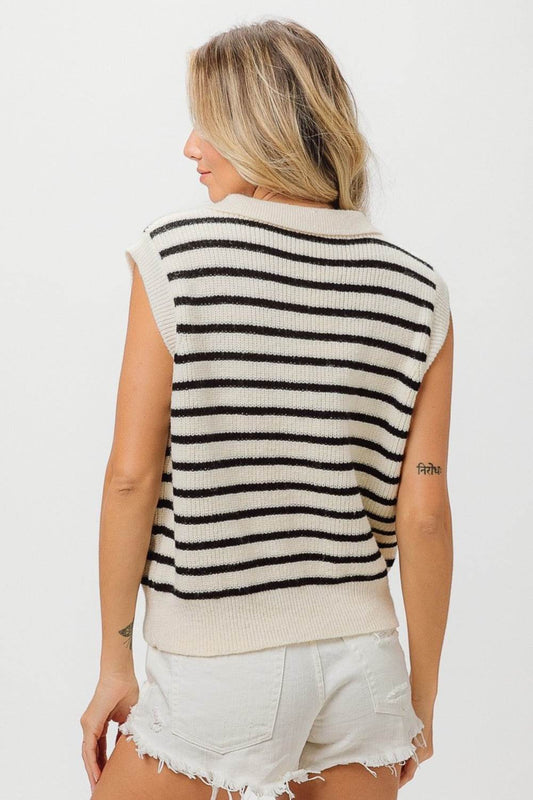 BiBi Flower Patch Striped Half Button Women Sweater Vest - Zara-Craft
