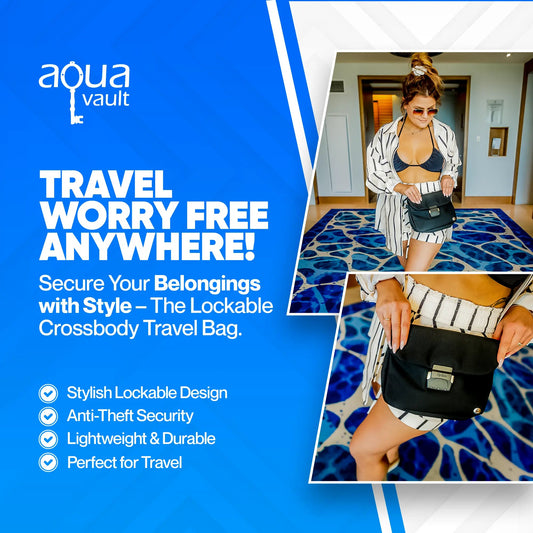 Advertisement for Aqua Vault lockable crossbody travel bag with text and images of a woman using it.