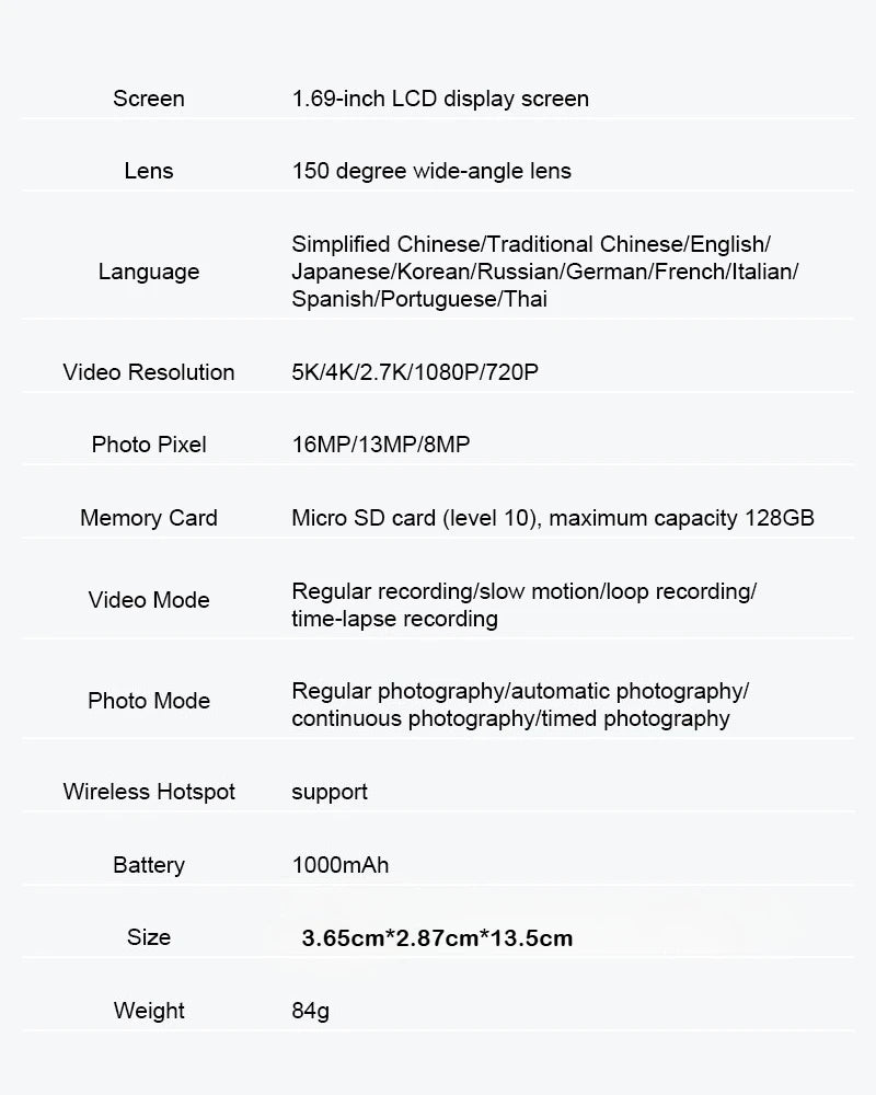 RANWOMEN 5K Pocket Action Camera 1.69-inch LCD Display Screen