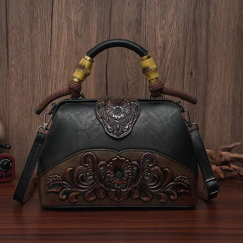Ethnic Style Embossed Cowhide Boston Women Bag Fashion Handbag