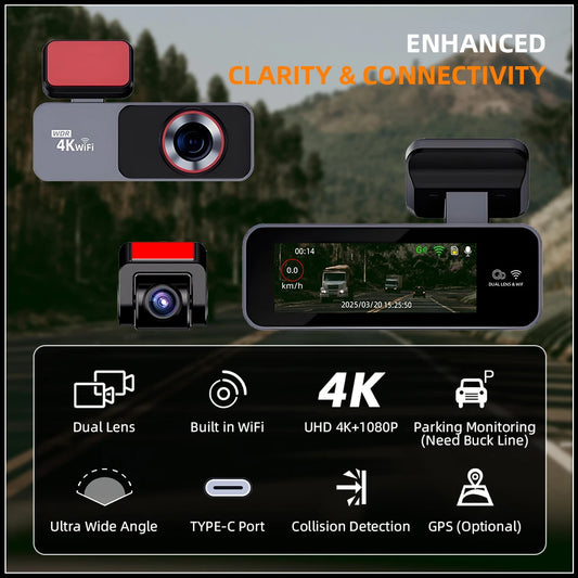 E-ACE Portable Ultra HD 4K Car Front Dash Cam WIFI DVR Optional 1080P Rear camera With 24H Parking Monitor Night Vision