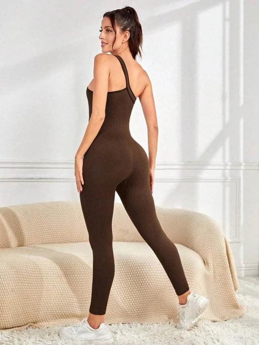 Women Yoga Jumpsuits Workout Ribbed One Shoulder One Piece Sport Jumpsuits - Zara-Craft