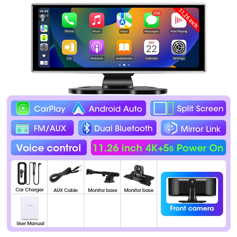 11.26 inch Dash Cam 4K Car DVR Wireless CarPlay & Android Auto GPS Navigation Video Recorder Dashboard Dual Lens WIFI FM AUX