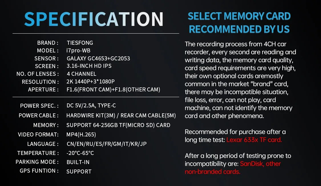 TiESFONG 4CH GPS Dash Cam i7pro Front 4K/2K+3*1080P for Car 360 DVR Camera 24H Parking Mode WIFI Video Recorder IR Night Vision