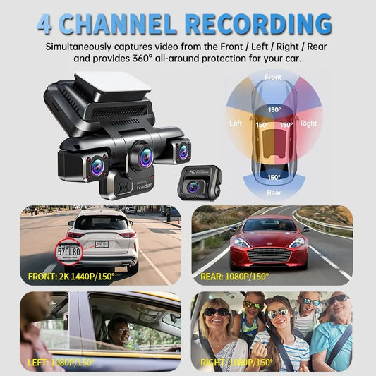 TIESFONG 2K 4-channel dash cam with built-in radar and parking monitor