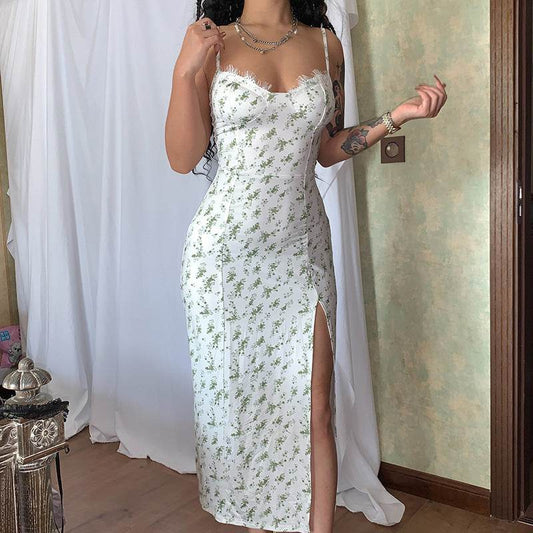Lace Flowers Print Sexy Fashion Slit Suspender Women Long Summer Dress - Zara-Craft
