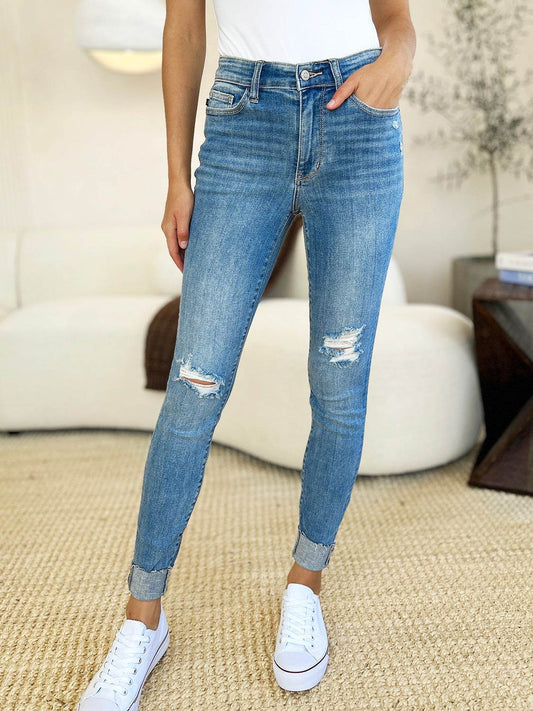 Judy Blue Full Size Mid Rise Destroy & Cuff Skinny Women Jeans - Zara-Craft