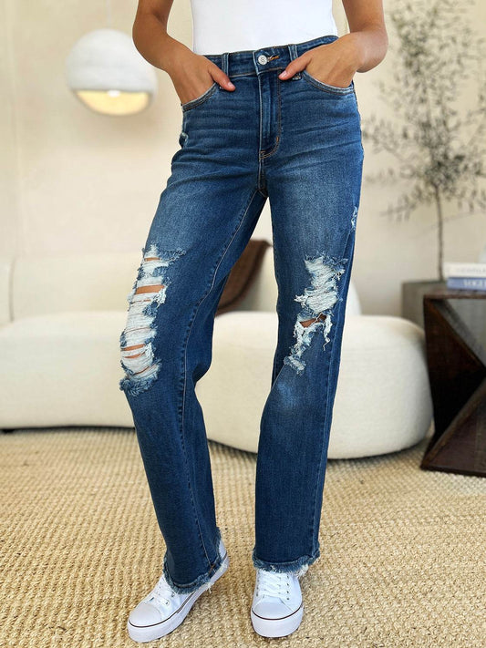 Judy Blue Full Size Mid Rise Distressed Raw Hem Women Jeans - Zara-Craft