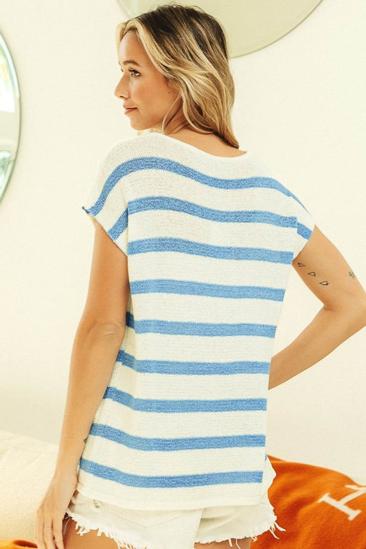 BiBi Striped Round Neck Short Sleeve Knit Women Top - Zara-Craft