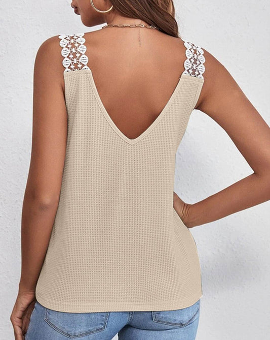 Lace Detail Waffle-Knit V-Neck Women Tank - Zara-Craft