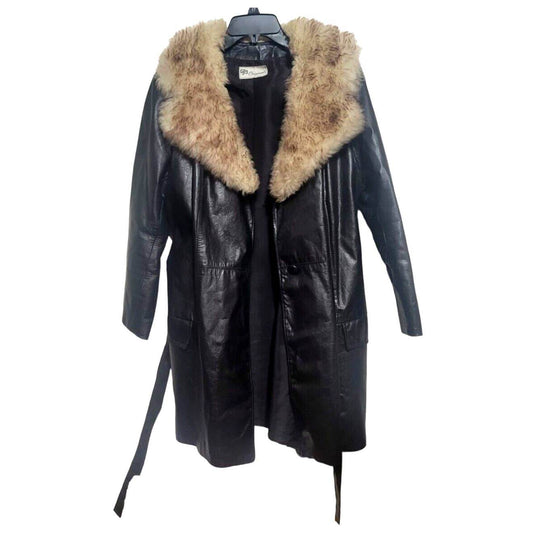 (Used) GJG ORIGINALS Vintage Women BLACK LEATHER WOOL COLLAR BELTED JACKET Size L - Zara-Craft