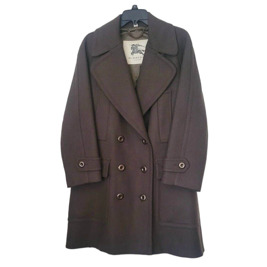 (Used) Burberry London Brown Wool Wide Collar Double Breasted Pea Women Coat US 6 - Zara-Craft