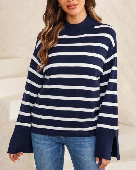 Striped Slit Drop Shoulder Women's Sweater - Zara-Craft