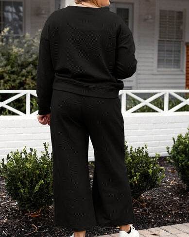 Double Take Full Size Women Textured Long Sleeve Top and Drawstring Pants Set - Zara-Craft