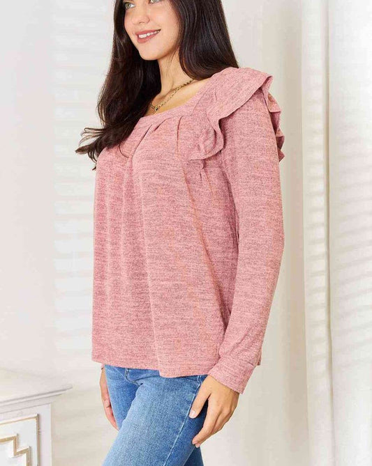 Double Take Square Neck Ruffle Shoulder Long Sleeve Women T-Shirt - Zara-Craft