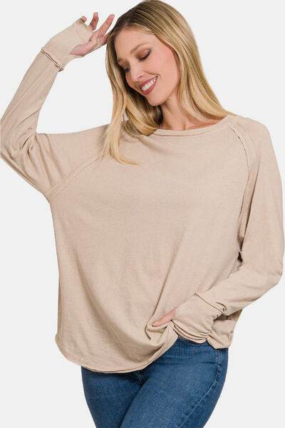 Zenana Round Neck Thumbhole Long Sleeve Women Top - Zara-Craft