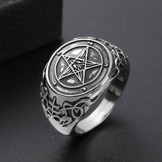 New Satane Demon Ghost Sheep Head Bafengte Reverse Pentagram Band Emblem Ring - Zara-Craft