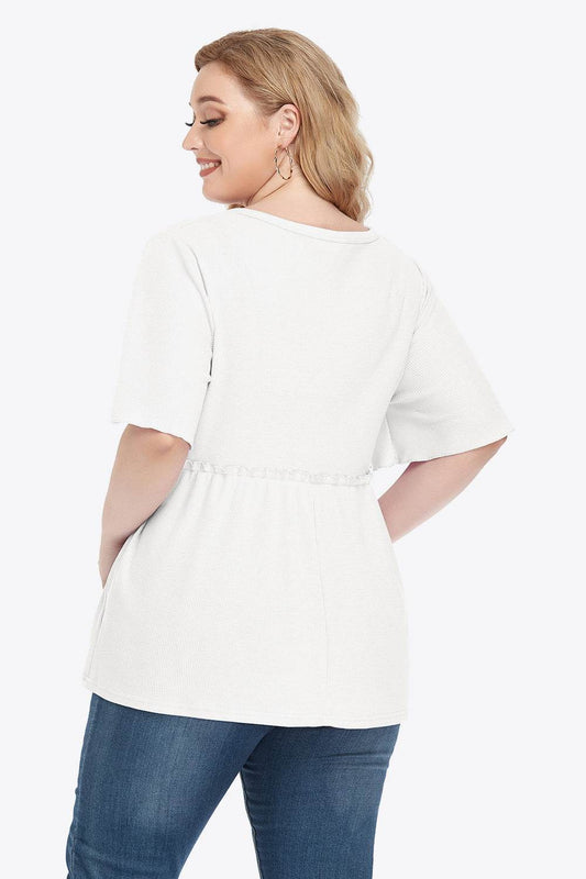 Plus Size Buttoned V-Neck Frill Trim Women Babydoll Blouse - Zara-Craft