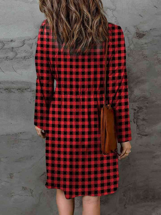 Double Take Full Size Plaid Round Neck Long Sleeve Magic Women Dress - Zara-Craft