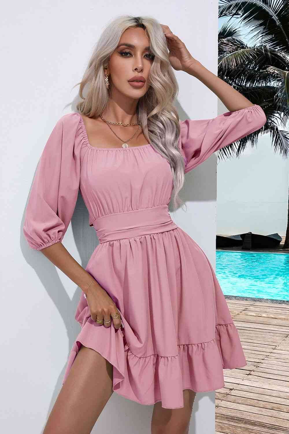 Square Necktie Back Ruffle Hem Women Dress Zara-Craft Square Necktie Back Ruffle Hem Women Dress Zara-Craft