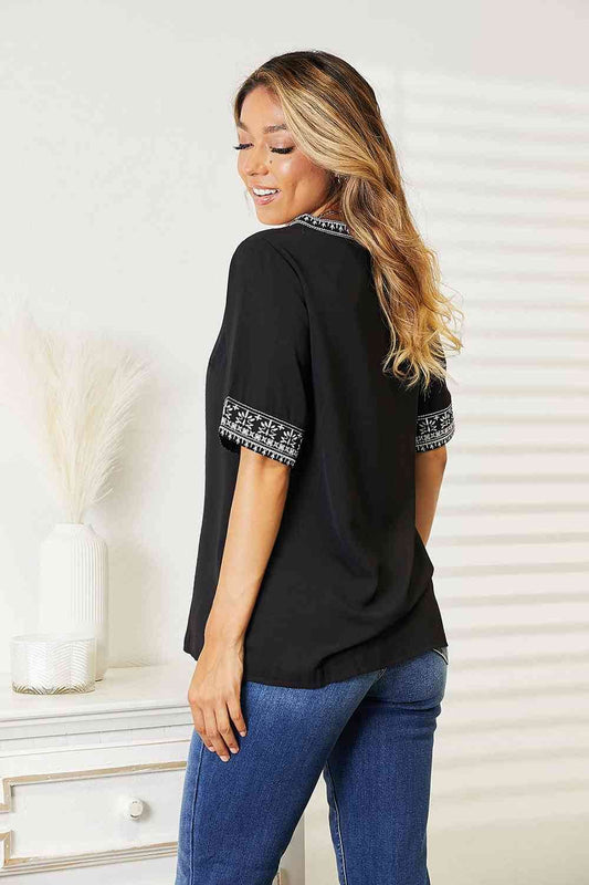 Double Take Embroidered Notched Neck Women Top - Zara-Craft
