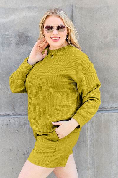 Double Take Full Size Texture Long Sleeve Women Top and Drawstring Shorts Set - Zara-Craft