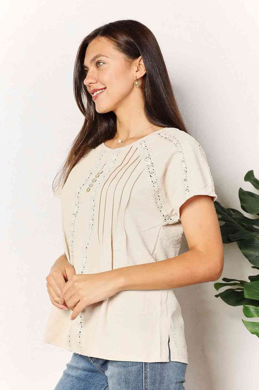 Double Take Crochet Buttoned Short Sleeves Women Top - Zara-Craft