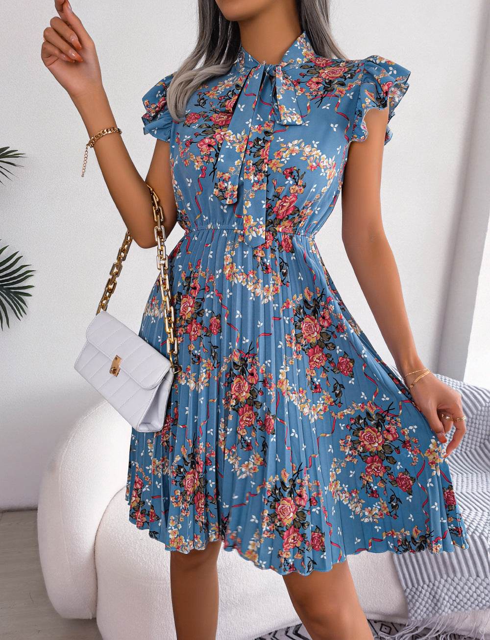 Pleated Floral Printed Tie Neck Knee Length Women Dress Zara-Craft Pleated Floral Printed Tie Neck Knee Length Women Dress Zara-Craft