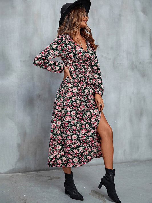 Floral V-Neck Slit Midi Women Dress - Zara-Craft