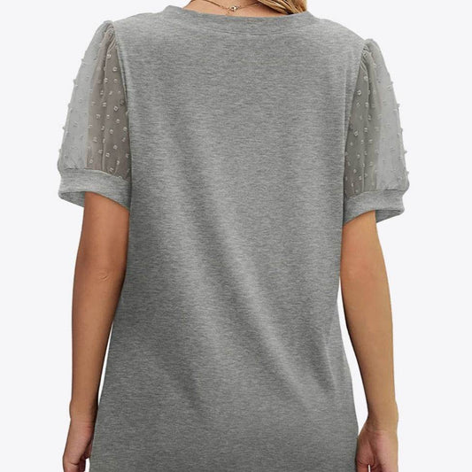 Swiss Dot Puff Sleeve V-Neck Women T-Shirt - Zara-Craft