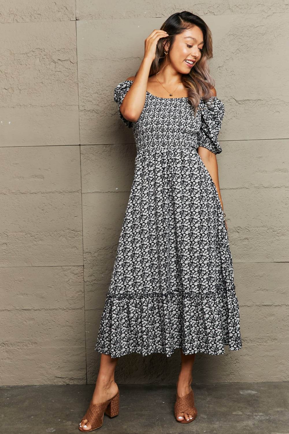 zara off shoulder floral dress Zara Bardot Midi Dress In Tropical Print by LAtelier London
