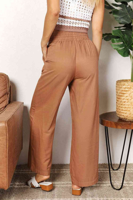 Double Take Drawstring Smocked Waist Wide Leg women Pants - Zara-Craft