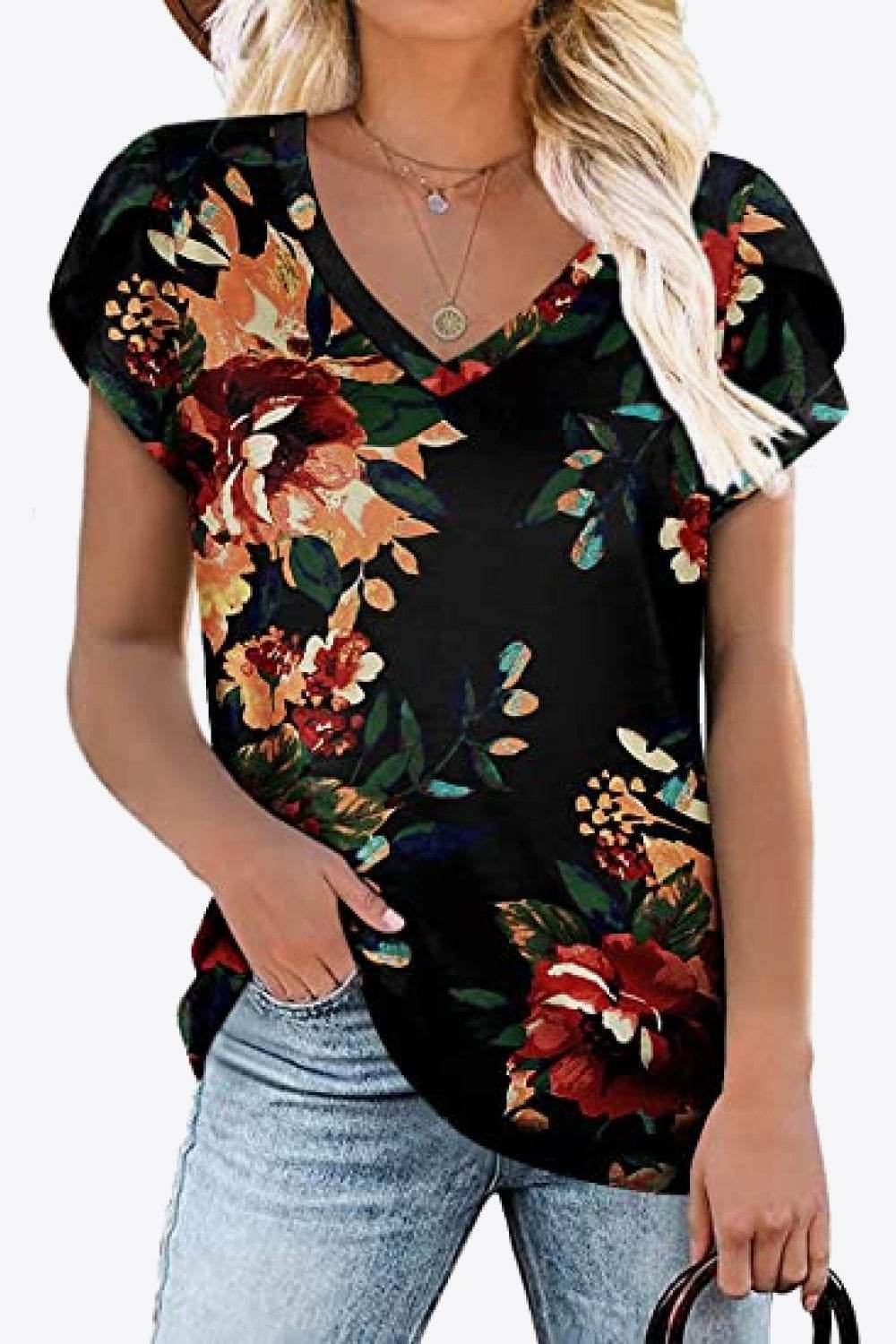 Printed Petal Sleeve V-Neck Women Blouse - Zara-Craft