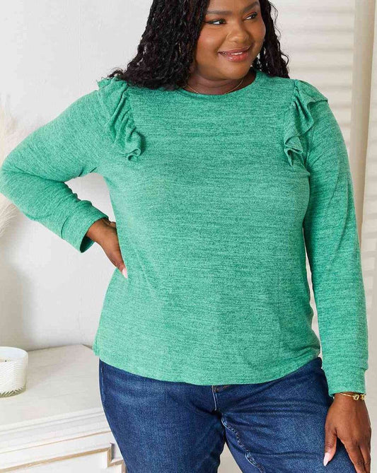 Double Take Ruffle Shoulder Long Sleeve Women T-Shirt - Zara-Craft