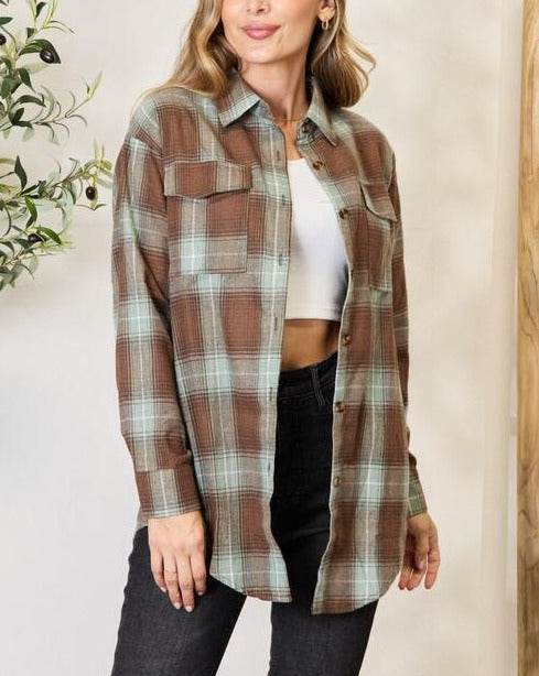 Double Take Plaid Dropped Shoulder Women Shirt - Zara-Craft