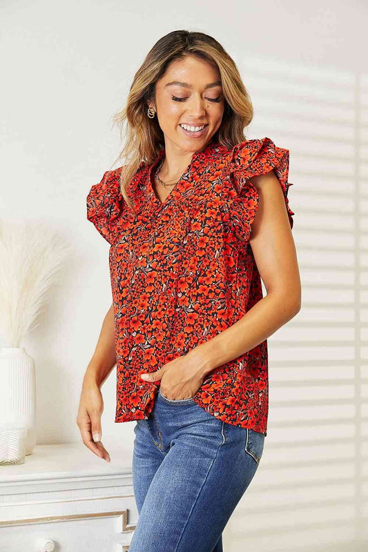 Double Take Floral Flutter Sleeve Notched Neck Women Blouse - Zara-Craft