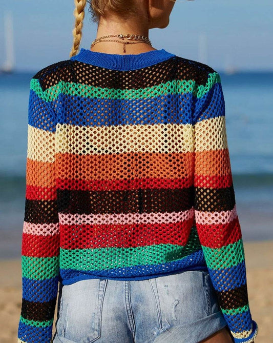 Rainbow Stripe Openwork Long Sleeve Women Cover-Up - Zara-Craft