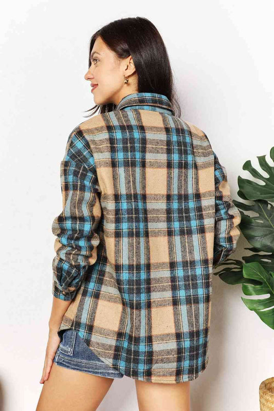 Double Take Plaid Curved Women Hem Shirt Jacket with Breast Pockets - Zara-Craft
