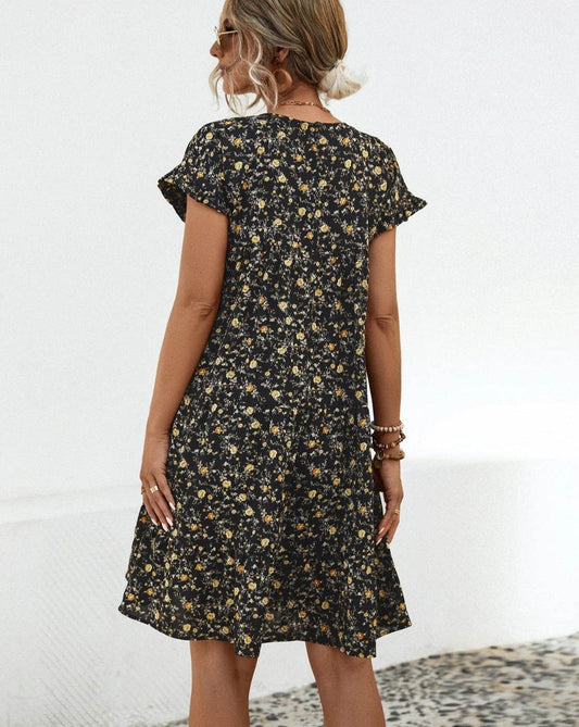 Frill Floral Round Neck Short Sleeve Tiered Women Dress - Zara-Craft