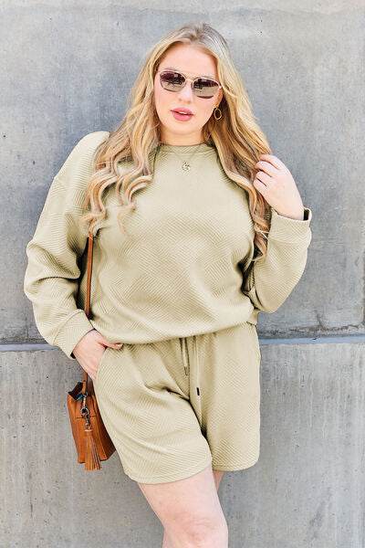 Double Take Full Size Texture Long Sleeve Women Top and Drawstring Shorts Set - Zara-Craft