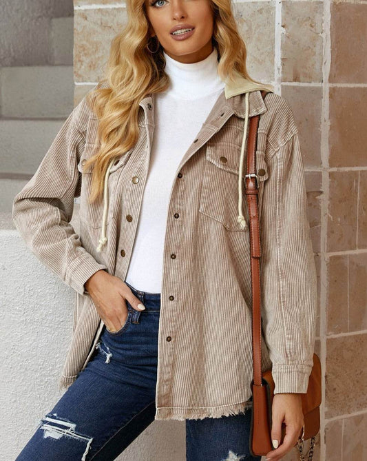 SYNZ Womens Corduroy Jacket Long Sleeve Raw Hem Drawstring Button Down Casual Hooded Coat - Zara-Craft